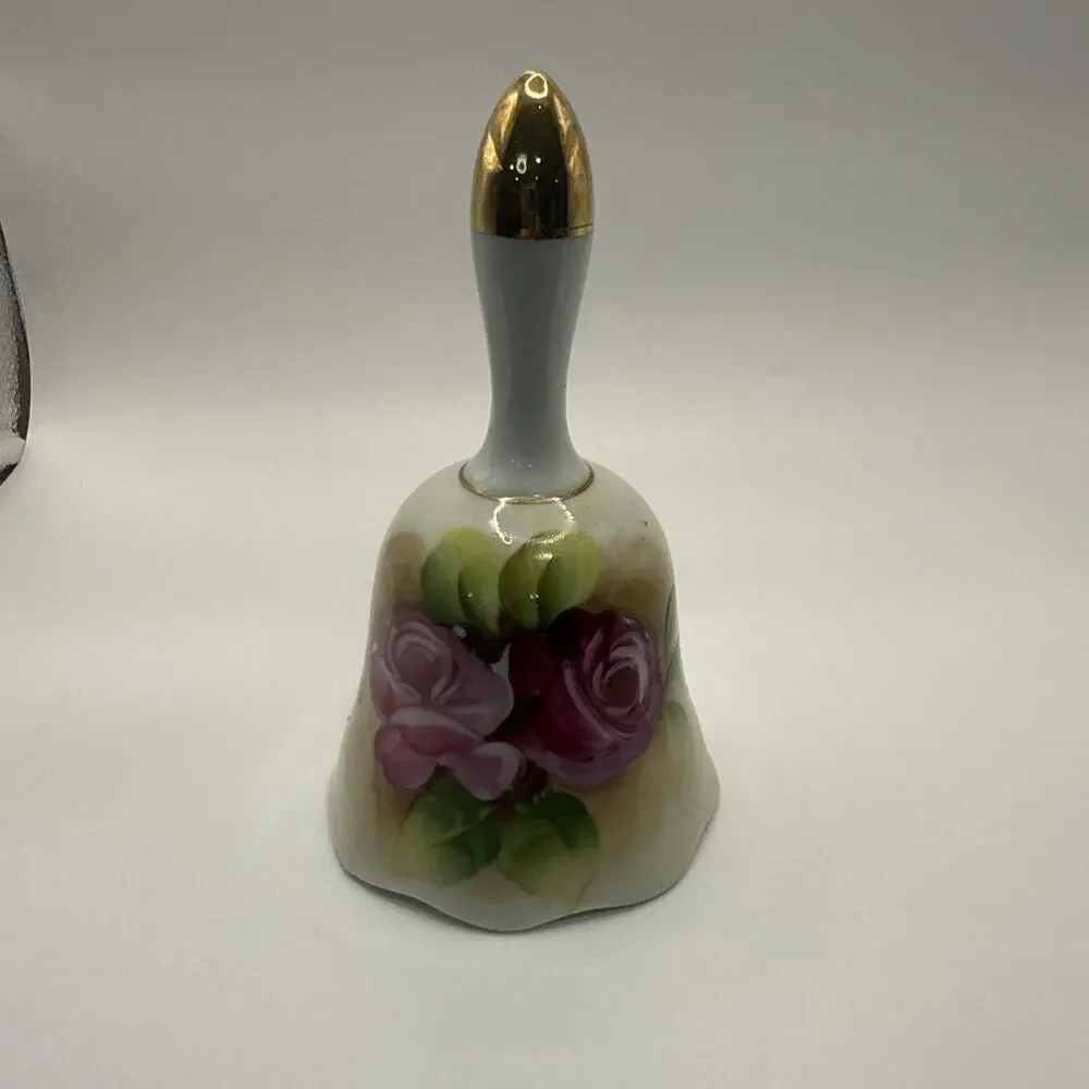 Enesco Japan Bell Floral Rose Gold Accent Hand Painted 4 Inches Tall